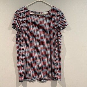 Liz Claiborne Red, Black, & Blue Geometric Patterned Short Sleeve Blouse Size XL